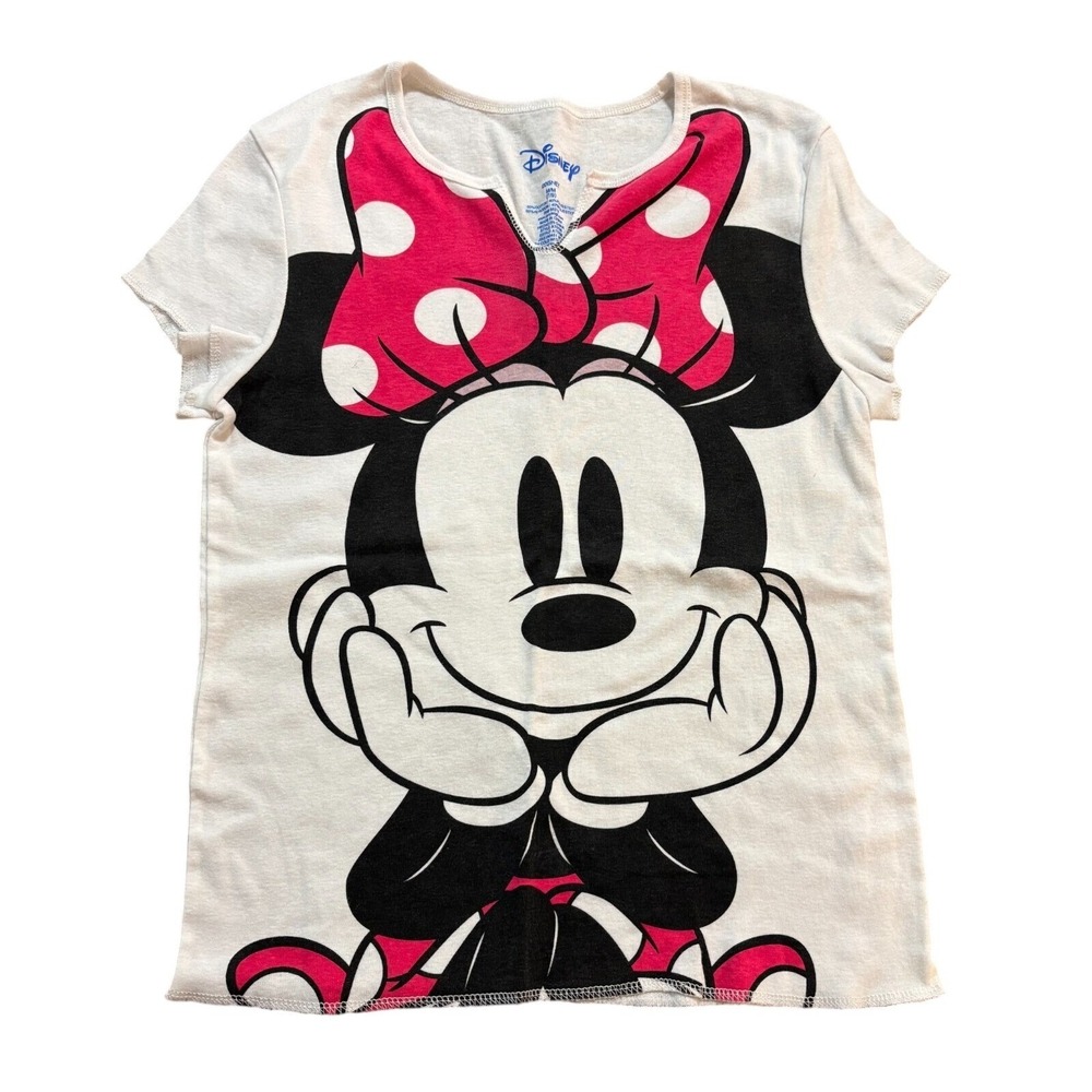 DISNEY Minnie Mouse Girls M 7 9 Cream Pink Bow Graphic Short Sleeve T Shirt NEW